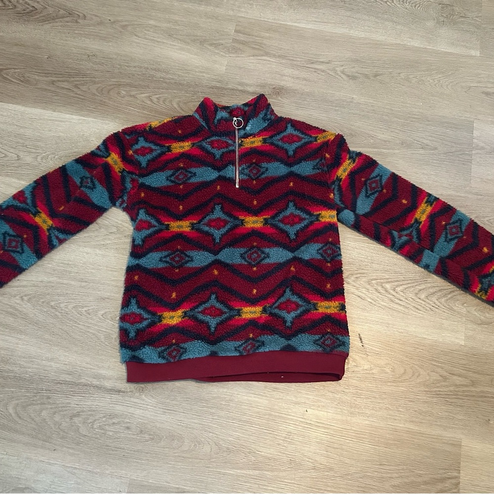 Girls Geometric Zip-Up Sweater - Red Aztec